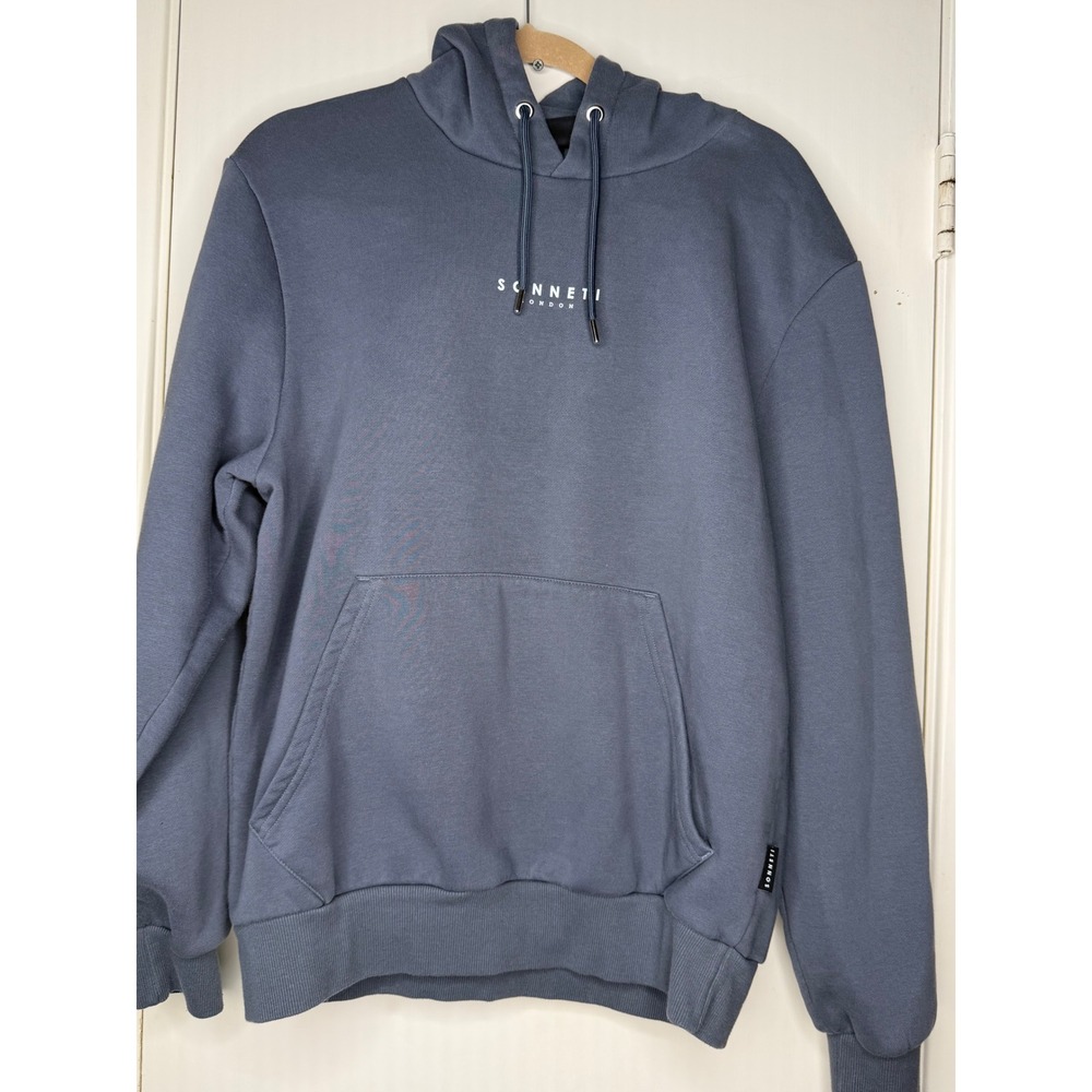 Sonneti London Mens Pullover Hoodie Slate Blue Grey Logo Kangaroo Pocket L
